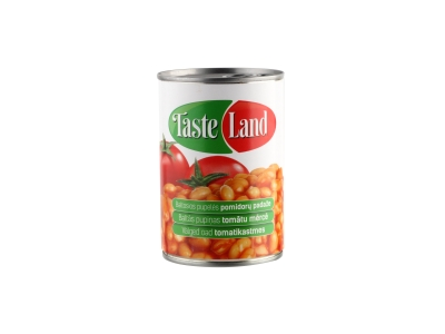 Konservuotos baltosios pupelės TASTE LAND, pomidorų padaže, 400 g / 240 g