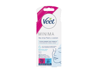 Bekvapės veido depiliavimo vaško juostelės „Veet MINIMA Easy Gel“, 20 vnt.