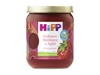 Ekologiška braškių, aviečių ir obuolių tyrelė HIPP, 5+ mėn., 160 g
