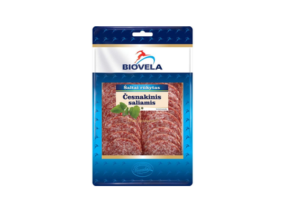 Šaltai rūkytas ČESNAKINIS saliamis griežinėliais BIOVELA , II r., 110 g