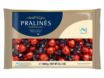 Šokoladiniai saldainiai PRALINES, red/gold, su lazdyno riešutų kremu, 1 kg
