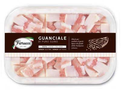 Sūdytos kiaulių pažandės FIORUCCI, Guanciale di suino, su prieskoniais, kubeliais, nerūšinė, 100g