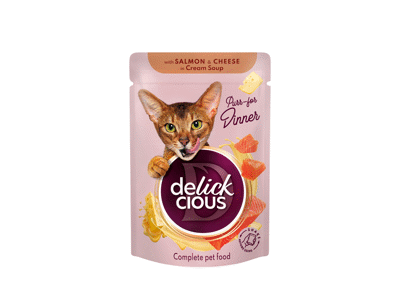 Delickcious™ „Juostelės su lašiša ir sūriu kreminėje sriuboje“ visavertis konservuotas maistas suaugusioms katėms, 85 gr 