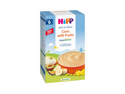 Pieniška kukurūzų košė HIPP su vaisiais (nuo 6 mėn.), 250 g