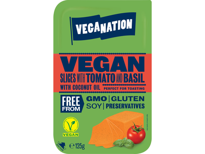 Veganiškas sūris Veganation su pomidorais ir baziliku,  riekelėmis, 125 g