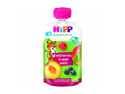 Obuolių, persikų tyrelė HIPP su miško uogomis, nuo 4 mėn., 100 g