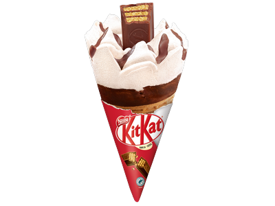 Valgomieji ledai KITKAT, vanilės, kakavos skonio, su KitKat vafliu, vafliniame ragelyje, 110ml