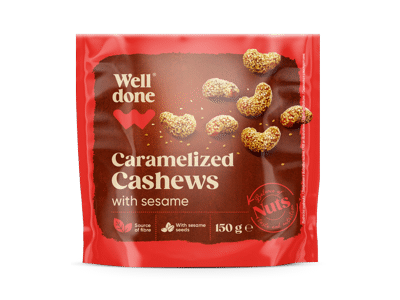 Karamelizuoti anakardžiai su sezamais WELL DONE, 150 g