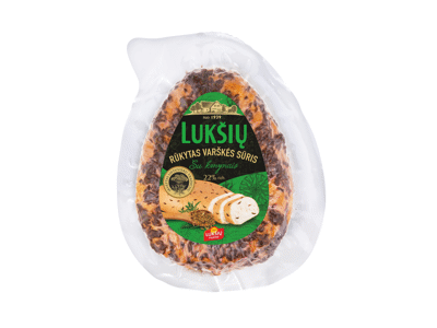 LUKŠIŲ rūkytas varškės sūris su kmynais, 22 % rieb. s. m., 230 g
