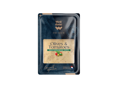 Sūris su alyvuogėmis ir pomidorais WELL DONE PREMIUM, pjaustytas, 48 % rieb., 120 g