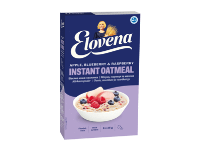 Avižinė košė ELOVENA su obuoliais, mėlynėmis, avietėmis, 210 g