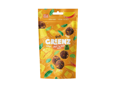 Vaisių ir sėklų užkand. GREENZ MANGO, 80 g