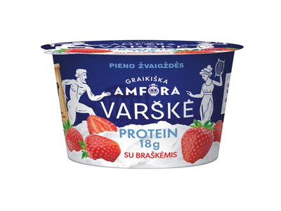 Varškė ,,GRAIKIŠKA AMFORA PROTEIN" 0,8% riebumo su braškėmis, 200 g