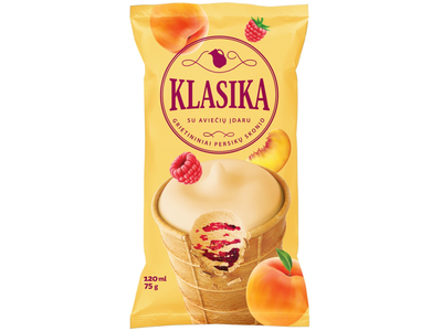Klasika grietininiai persikų skonio ledai su aviečių įdaru vafliniame puodelyje, 120 ml