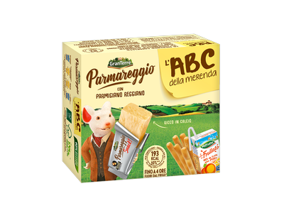 Užkandis PARMAREGGIO, sūrio batonėlis, grissini lazdelės ir persikų sultys,162g