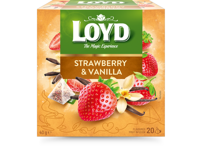 Vaisinės arbatos gėrimas LOYD, braškių ir vanilės skonio, 20 x 2g