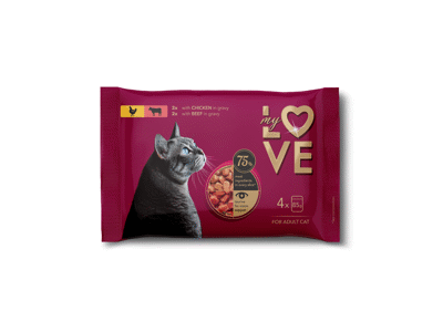My Love visavertis konservuotas pašaras suaugusioms katėms su vištiena ir jautiena padaže, 4 x 85 g