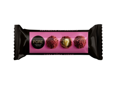 Pieniško šokolado triufeliai PURE su sūrio pyrago skonio grietinėlės įdaru ir aviečių papuošimu,32g