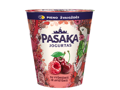 Švelnus jogurtas PASAKA, su vyšniomis ir avietėmis, 2,5%, 370 g