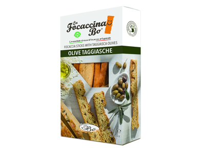 Duonos lazdelės FOCACCINA, Olive Taggiasche, su alyvuogėmis, ryžių aliejumi, 100 g