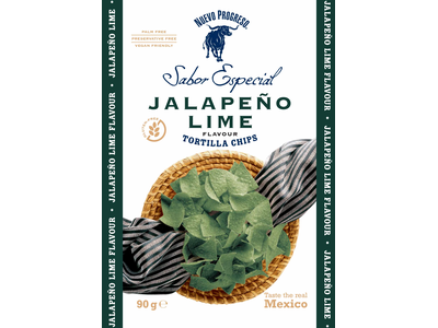 Kukurūzų tortilijų traškučiai SABOR ESPECIAL, su jalapeno pipirais, kalendra ir laimu, 90 g