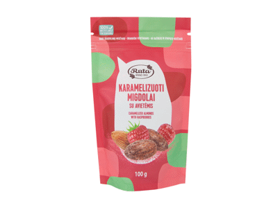 Karamelizuoti migdolai su avietėmis, 100 g