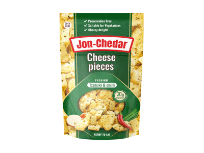 Kepti sūrio gabaliukai TZATZIKI, CHILLI JON-CHEDAR, 42 % rieb. s. m., 80 g