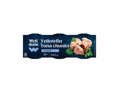 Gelsvauodegių tunų gabaliukai savo sultyse WELL DONE, 240 g