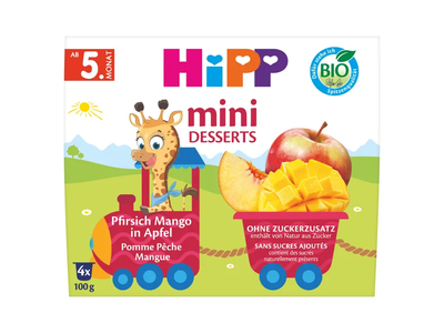 Ekologiška obuolių, persikų ir mangų tyrelė nuo 5 mėn. HIPP 400 g