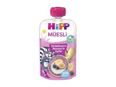 Obuolių, bananų, mėlynių tyrelė su jogurtu ir  grūdais, 120 ml