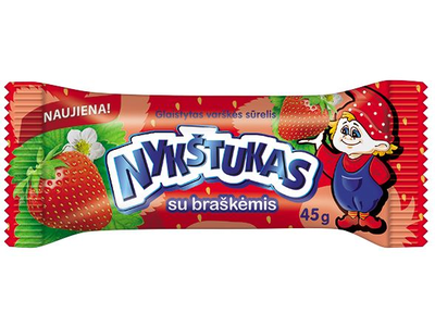 Glaistytas varškės sūrelis NYKŠTUKAS su braškėmis, 21% riebumo, 45 g