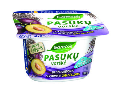 Pasukų varškė be laktozės GAMTOS  su džiovintomis slyvomis ir chia sėklomis, 2,3% rieb., 130 g