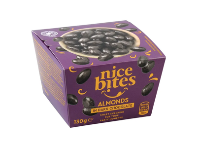 NICE BITES migdolų rieštutai juodajame šokolade, 130 g