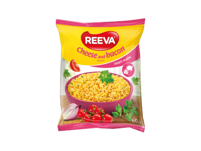 Greitai paruošiami makaronai REEVA, sūrio ir šoninės skonio, 60 g