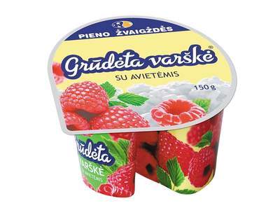 GRŪDĖTA varškė su avietėmis, 7 % rieb., 150 g