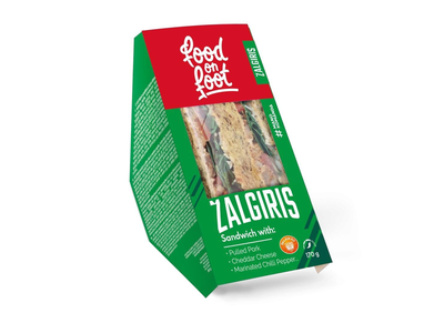 Sumuštiniai su plėšyta kiauliena, Čederio sūriu ir marinuota aitriąja paprika FOOD ON FOOT ŽALGIRIS, 170g