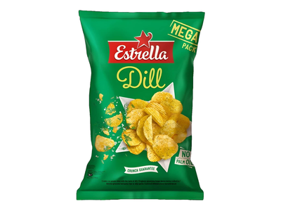 Vingiuotai pjaustyti bulvių traškučiai ESTRELLA su krapais, 250 g