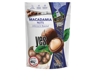 Makadamijų riešutai YES įpjauti, kepinti, sūdyti, 150g