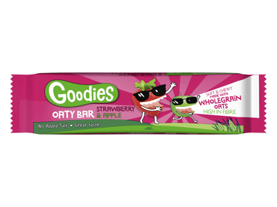 Avižų batonėlis GOODIES su obuoliais, braškėmis, 36+ mėn., 23 g