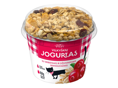 Jogurtas su dribsniais, spanguolėmis VILKYŠKIŲ, 4,3 % rieb., 200 g