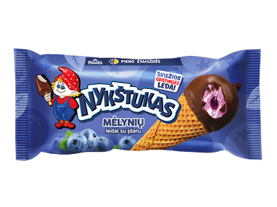 Vaniliniai grietininiai ledai NYKŠTUKAS su mėlynių įdaru apglaistyti kakaviniu glaistu vafliniame ragelyje , 90 g