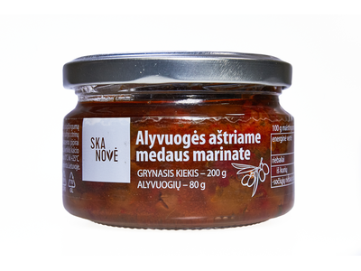 Marinuotos žaliosios alyvuogės SKANOVĖ, be kauliuko, su medumi, aštrios, 200g