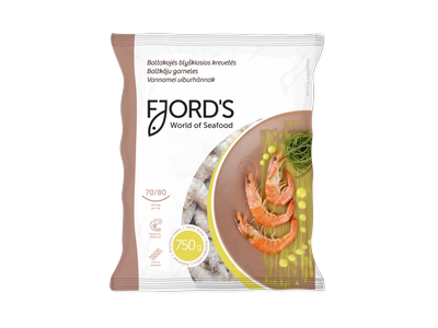 Šaldytos baltakojės blyškiosios krevetės FJORD'S, su galva, su kiautu, nevirtos, 70/80, 750 g