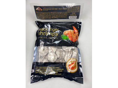 Šaldytos didžiosios tigrinės krevetės,nevirtos,lukštentos,valytos,26/30,25% glazūros,750g
