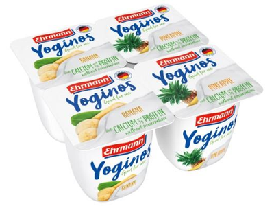 Jogurtas YOGINOS su bananais ir ananasais, 0,1%, pakuotę sudaro 4 vnt.x100 g.