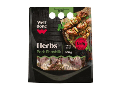 Sausai marin. kiaul. sprand. šašlykas su žolelėmis WELL DONE, 800 g