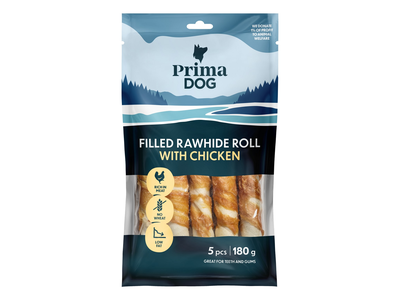 Įdarytas apdorotos odos suktinis, PrimaDog, su vištiena 13cm, 5vnt, 180g