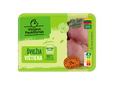 Šviežia viščiukų broilerių šlaunelių mėsa be odos VILNIAUS PAUKŠTYNAS,užauginta be antibiotikų, 500g