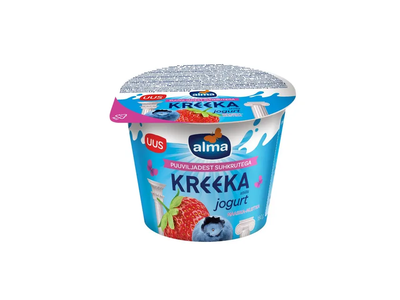 ALMA graikiško stiliaus jogurtas su braškėmis ir mėlynėmis, 3,4% rieb., su vaisių cukrumi, 180 g
