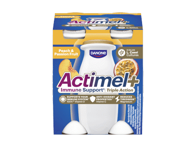 Jogurt. gėrimas ACTIMEL+, persik. ir pasifl. sk., 4 x 100 g, 400 g